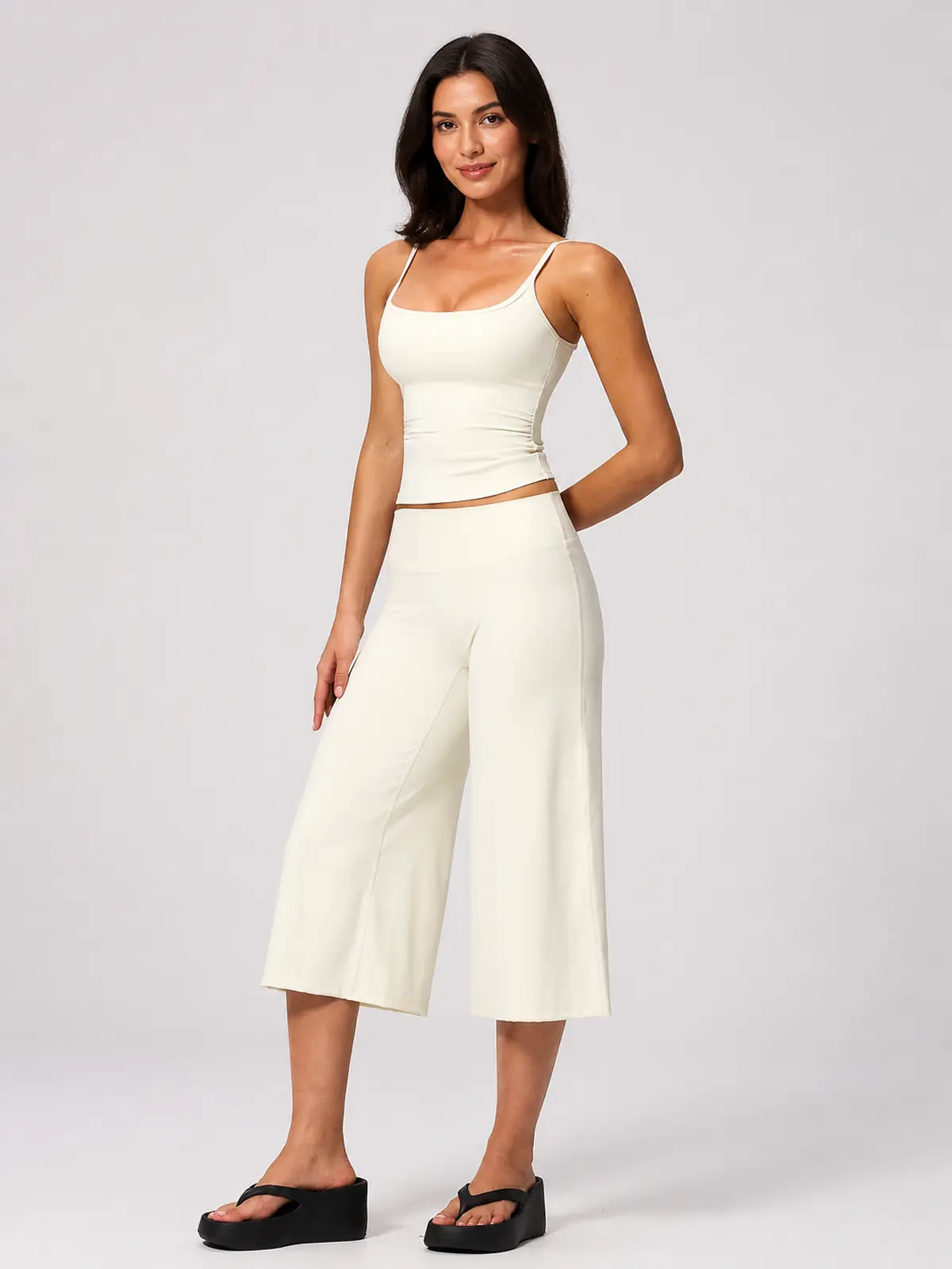 Petal Ledger Square-Neck Tank Top and Cropped Wide-Leg Pants Set — creamy white — general — authoritative variation match