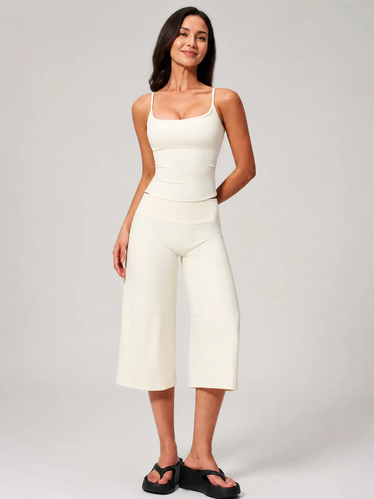 Petal Ledger Square-Neck Tank Top and Cropped Wide-Leg Pants Set — creamy white — general — authoritative variation match
