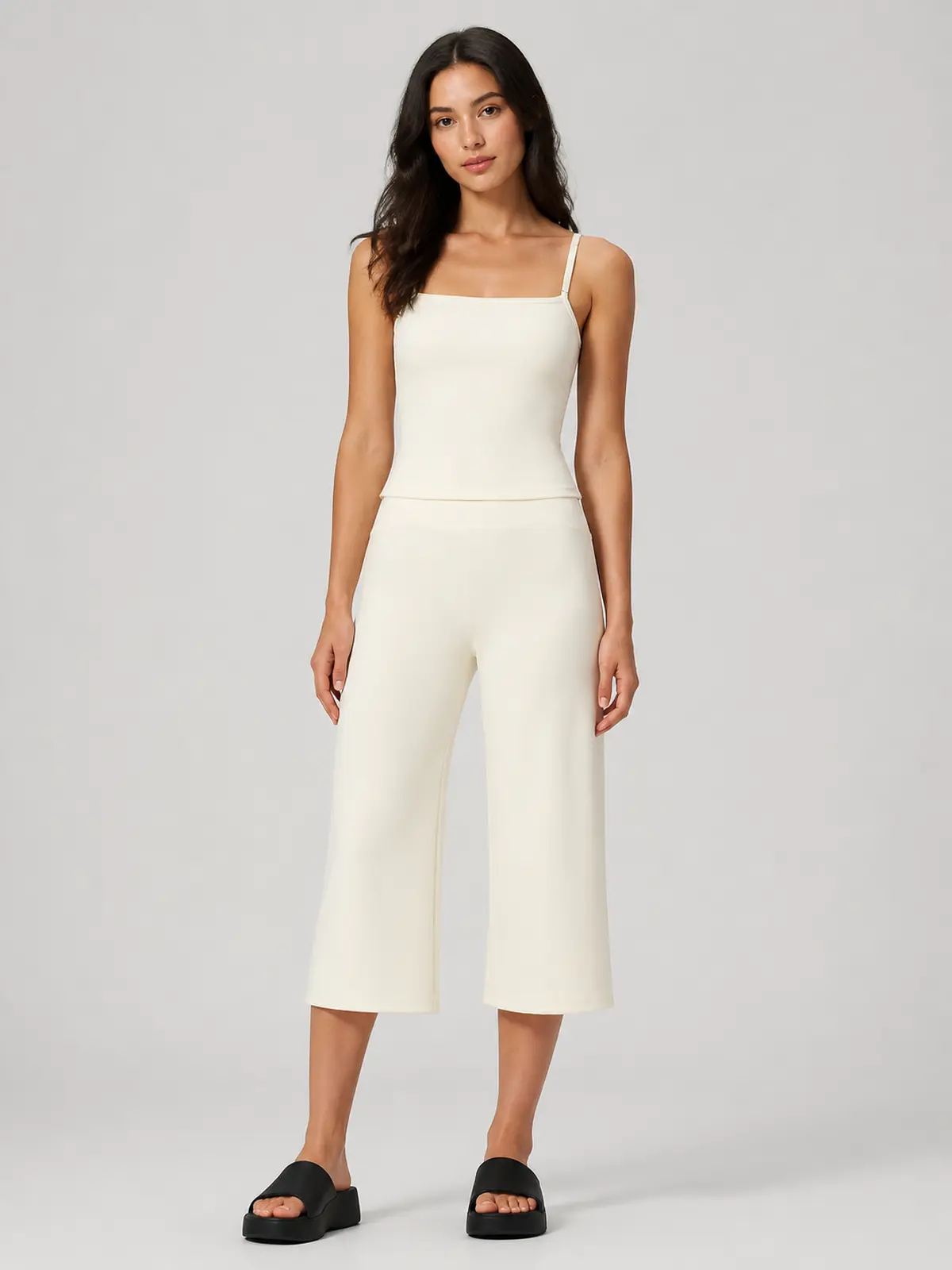 Petal Ledger Square-Neck Tank Top and Cropped Wide-Leg Pants Set — creamy white — general — authoritative variation match