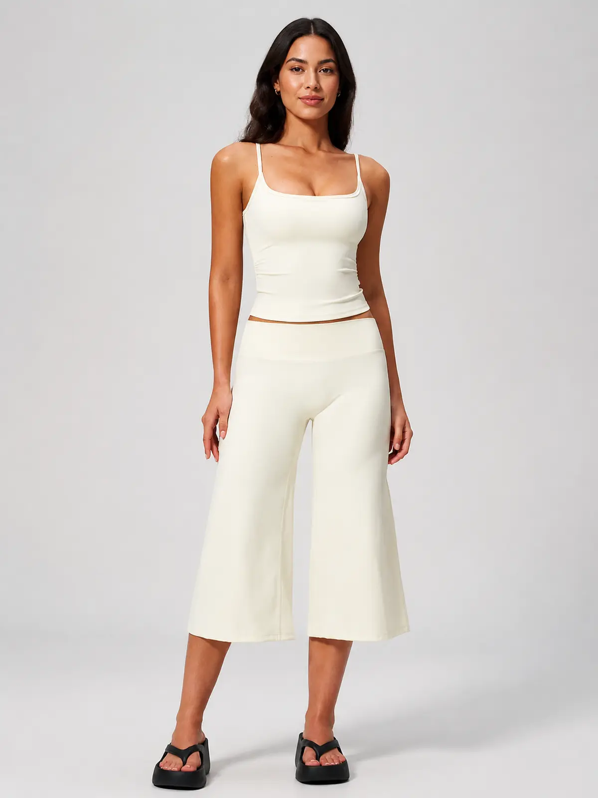 Petal Ledger Square-Neck Tank Top and Cropped Wide-Leg Pants Set — creamy white — general — authoritative variation match
