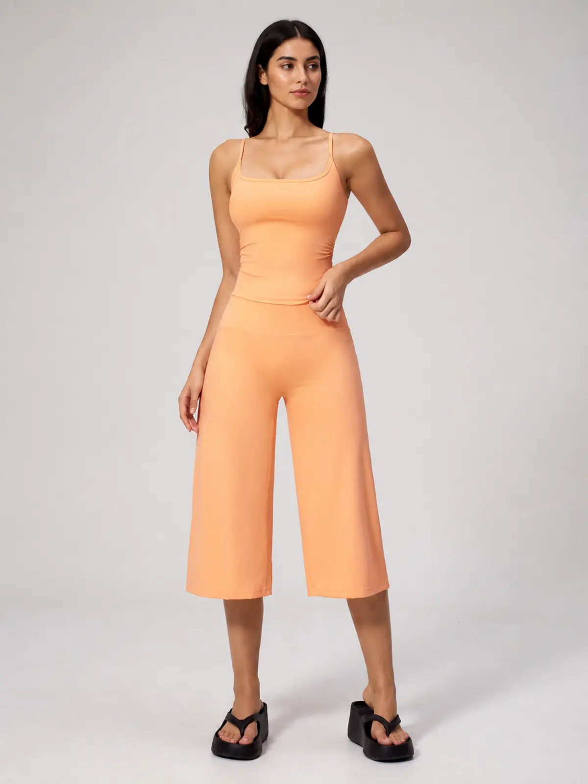 Petal Ledger Square-Neck Tank Top and Cropped Wide-Leg Pants Set — peach orange — general — authoritative variation image