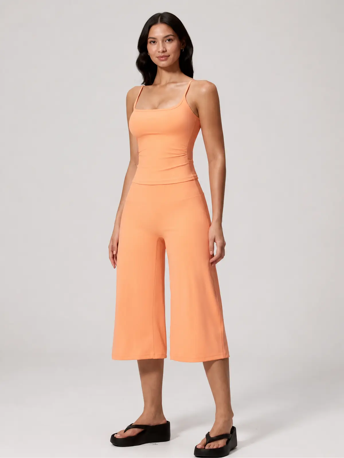 Petal Ledger Square-Neck Tank Top and Cropped Wide-Leg Pants Set — peach orange — general — authoritative variation match