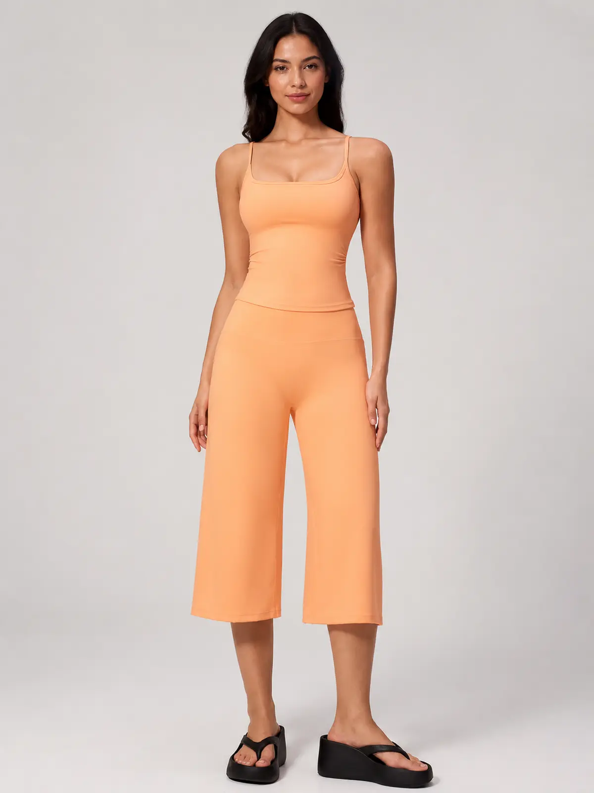 Petal Ledger Square-Neck Tank Top and Cropped Wide-Leg Pants Set — peach orange — general — authoritative variation match