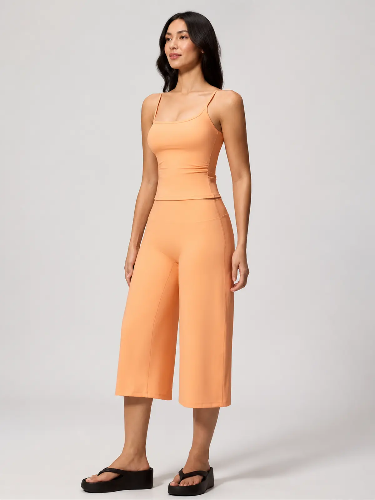 Petal Ledger Square-Neck Tank Top and Cropped Wide-Leg Pants Set — peach orange — general — authoritative variation match