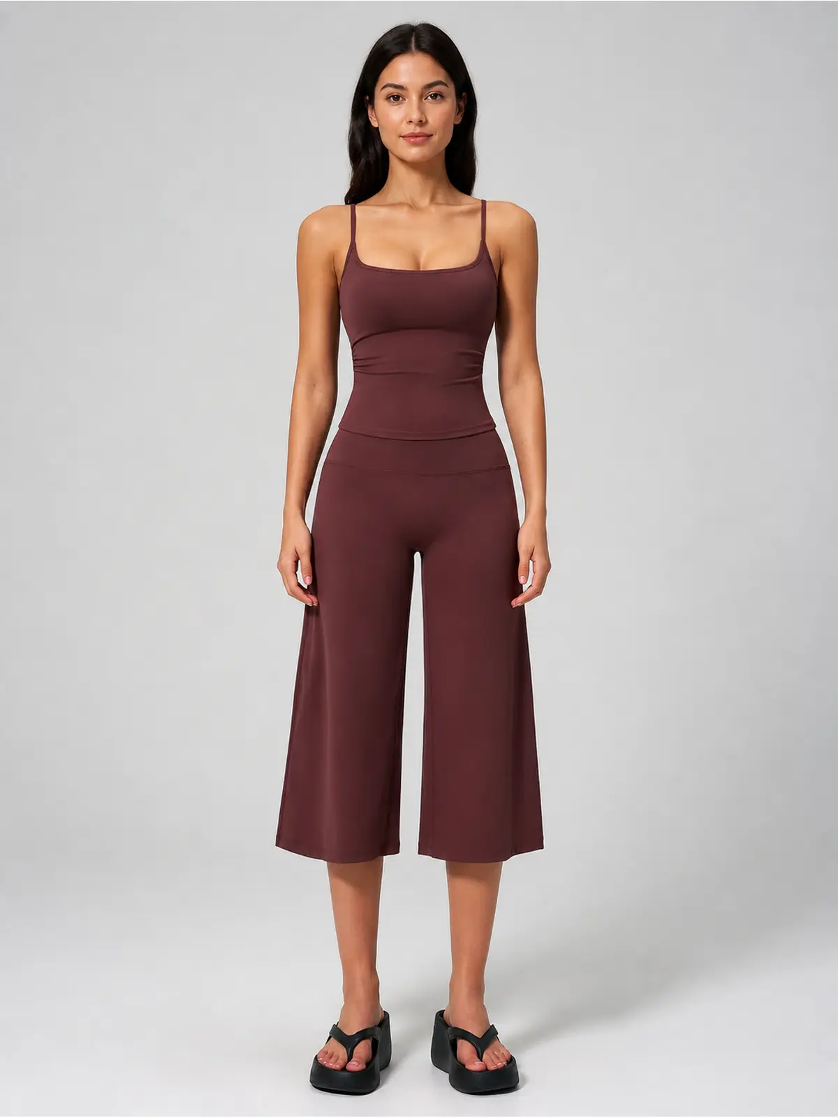 Petal Ledger Square-Neck Tank Top and Cropped Wide-Leg Pants Set — wine red — general — authoritative variation image