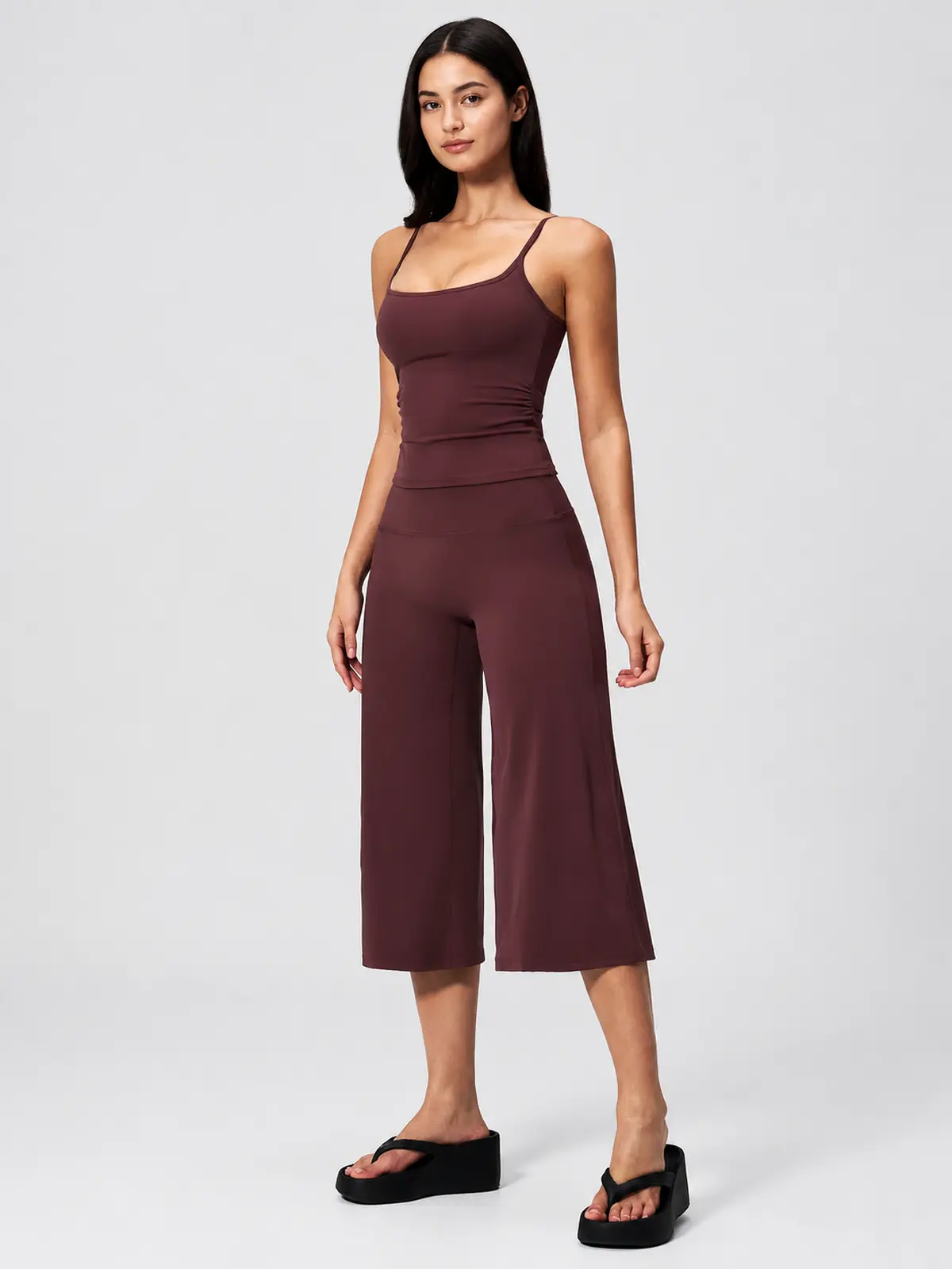 Petal Ledger Square-Neck Tank Top and Cropped Wide-Leg Pants Set — wine red — general — authoritative variation match