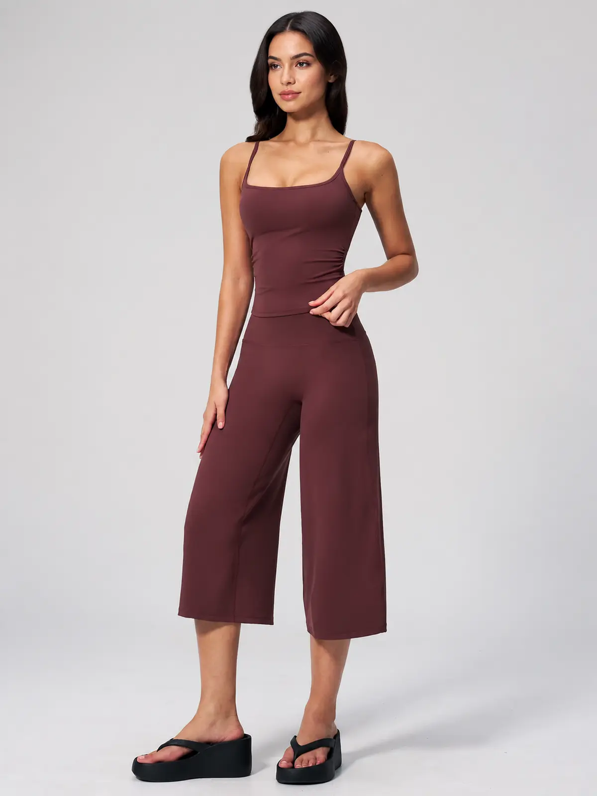 Petal Ledger Square-Neck Tank Top and Cropped Wide-Leg Pants Set — wine red — general — authoritative variation match