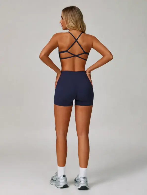 Pioneer Bloom Halter Sports Bra and Bike Shorts Set — dark cobalt blue — general — authoritative variation match