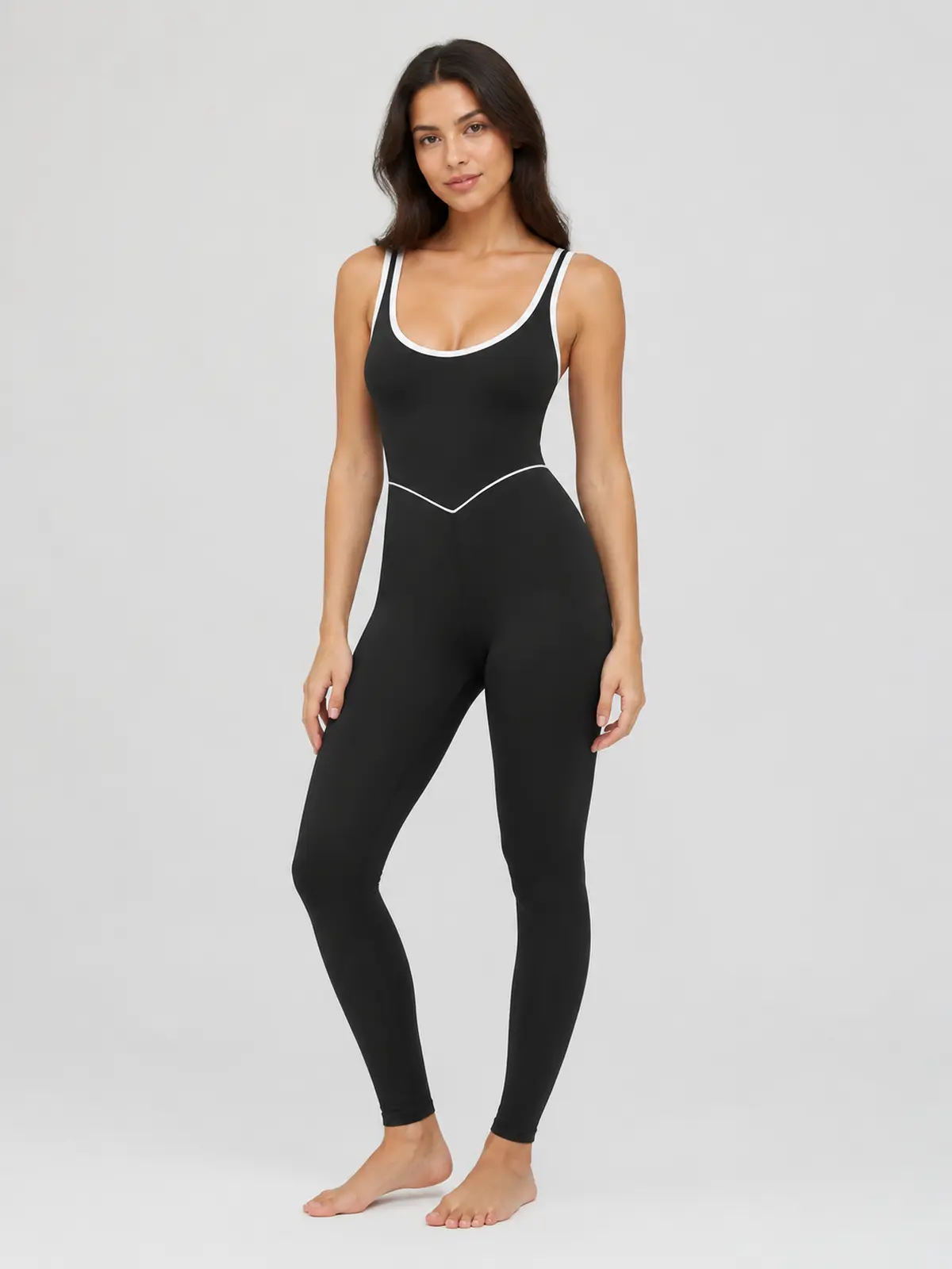 Piped Horizon Sleeveless Scoop-Neck Unitard — black — jumpsuit — authoritative variation match