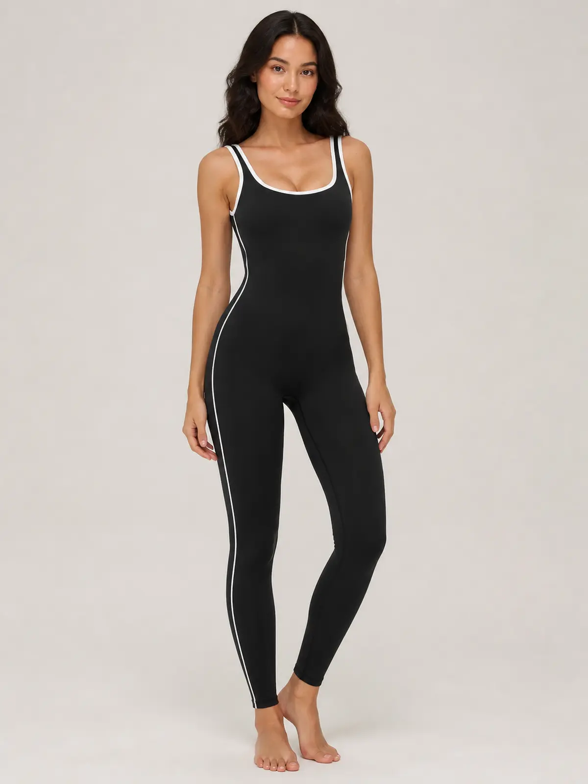 Piped Horizon Sleeveless Scoop-Neck Unitard — black — authoritative variation match