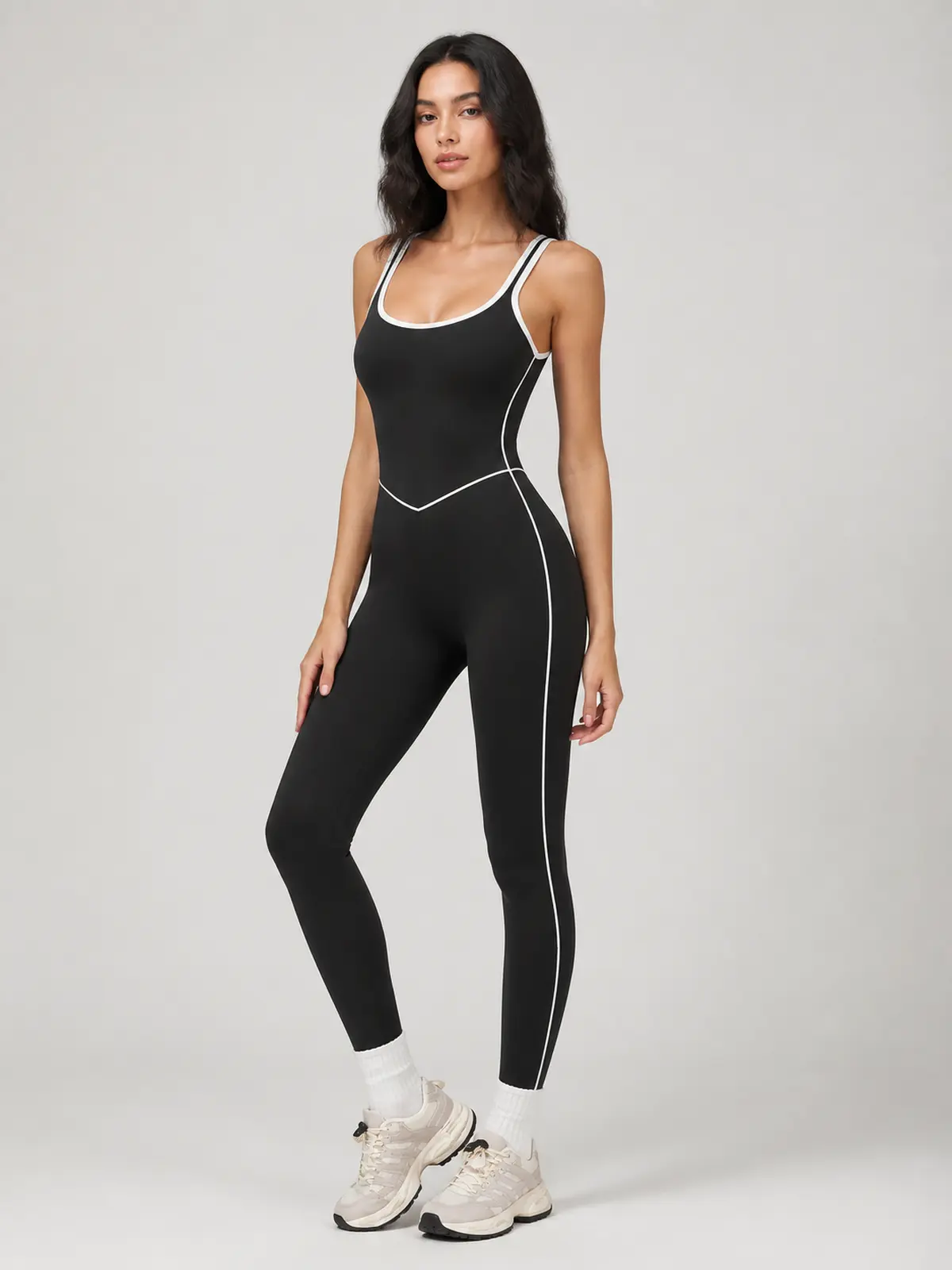 Piped Horizon Sleeveless Scoop-Neck Unitard — black — authoritative variation match