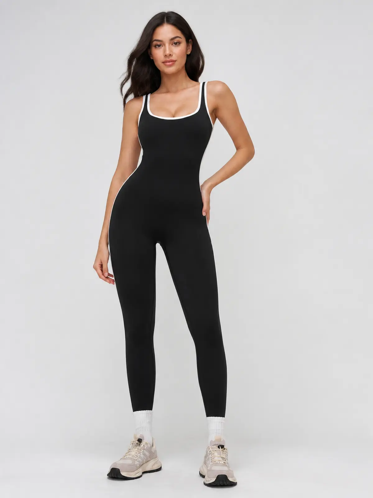 Piped Horizon Sleeveless Scoop-Neck Unitard — black — authoritative variation match