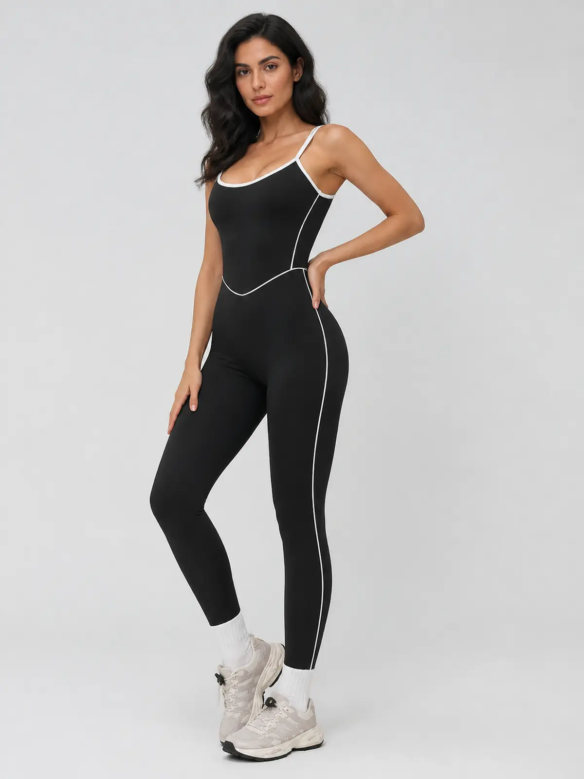 Piped Horizon Sleeveless Scoop-Neck Unitard — black — authoritative variation match