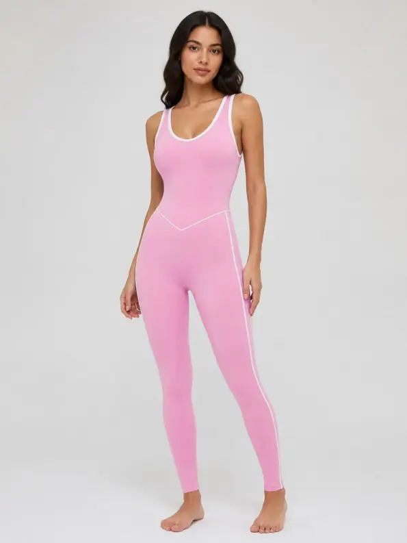 Piped Horizon Sleeveless Scoop-Neck Unitard — cherry blossom pink — authoritative variation match