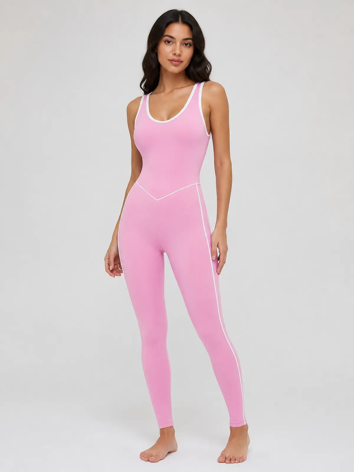 Piped Horizon Sleeveless Scoop-Neck Unitard — cherry blossom pink — authoritative variation match