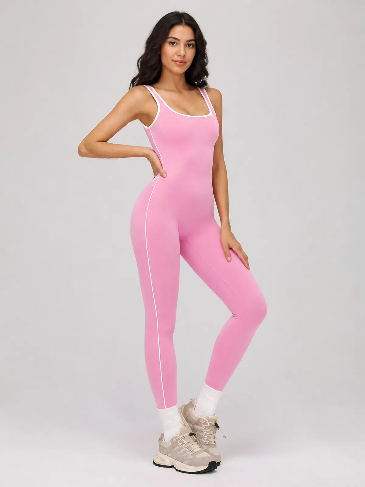 Piped Horizon Sleeveless Scoop-Neck Unitard — cherry blossom pink — authoritative variation match