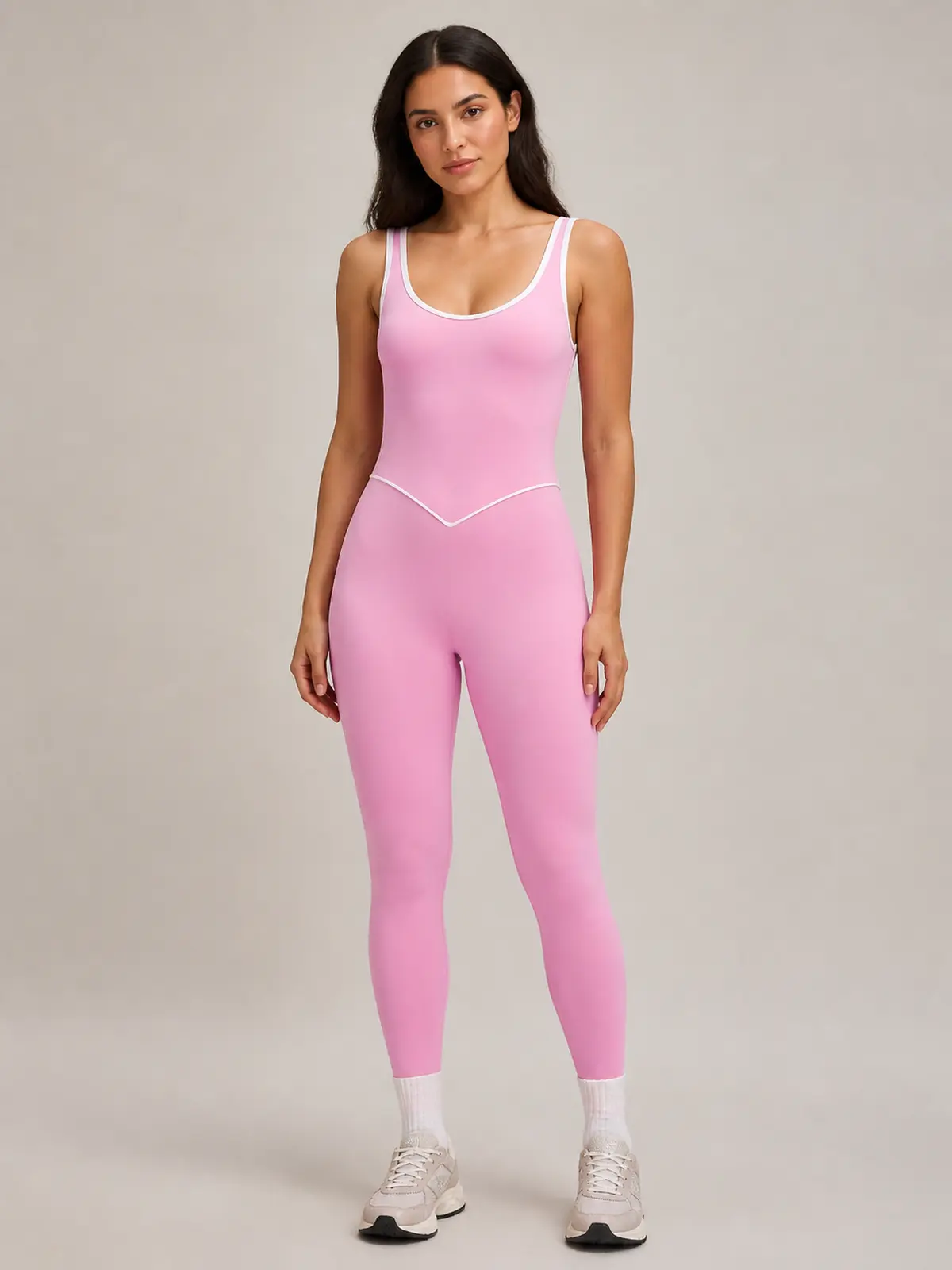 Piped Horizon Sleeveless Scoop-Neck Unitard — cherry blossom pink — authoritative variation match