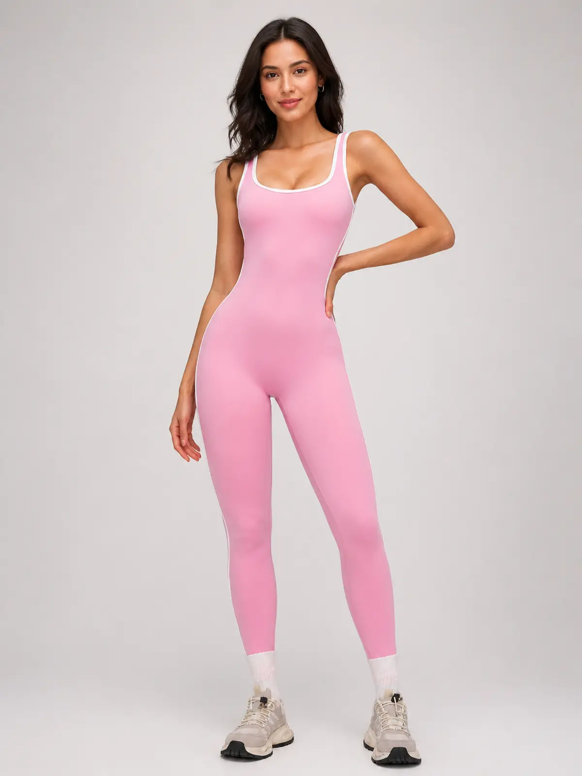 Piped Horizon Sleeveless Scoop-Neck Unitard — cherry blossom pink — authoritative variation match