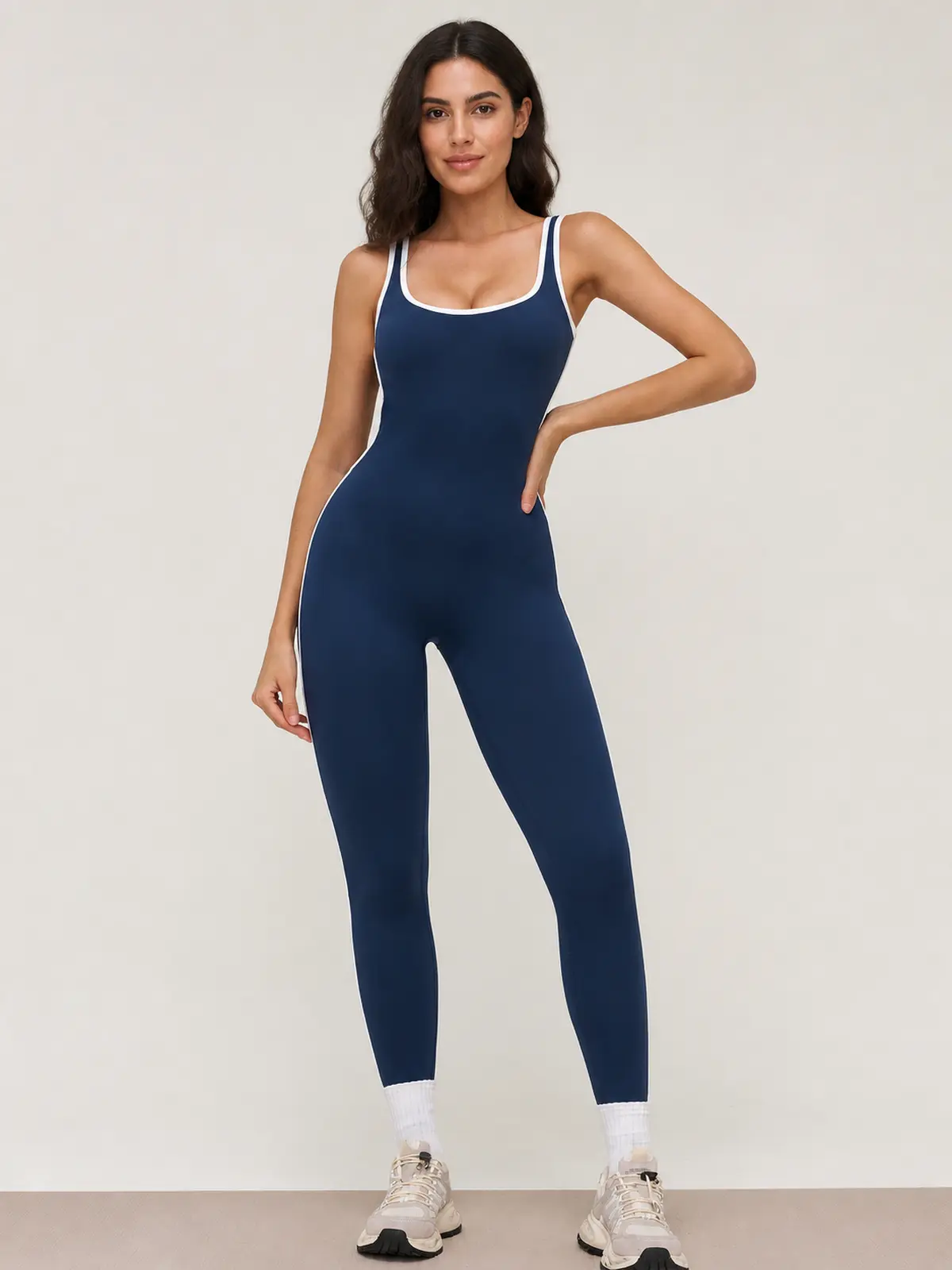 Piped Horizon Sleeveless Scoop-Neck Unitard — dark navy blue with white contrast trim — authoritative variation match