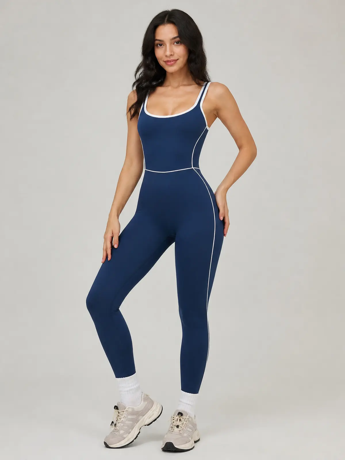 Piped Horizon Sleeveless Scoop-Neck Unitard — dark navy blue with white contrast trim — authoritative variation match