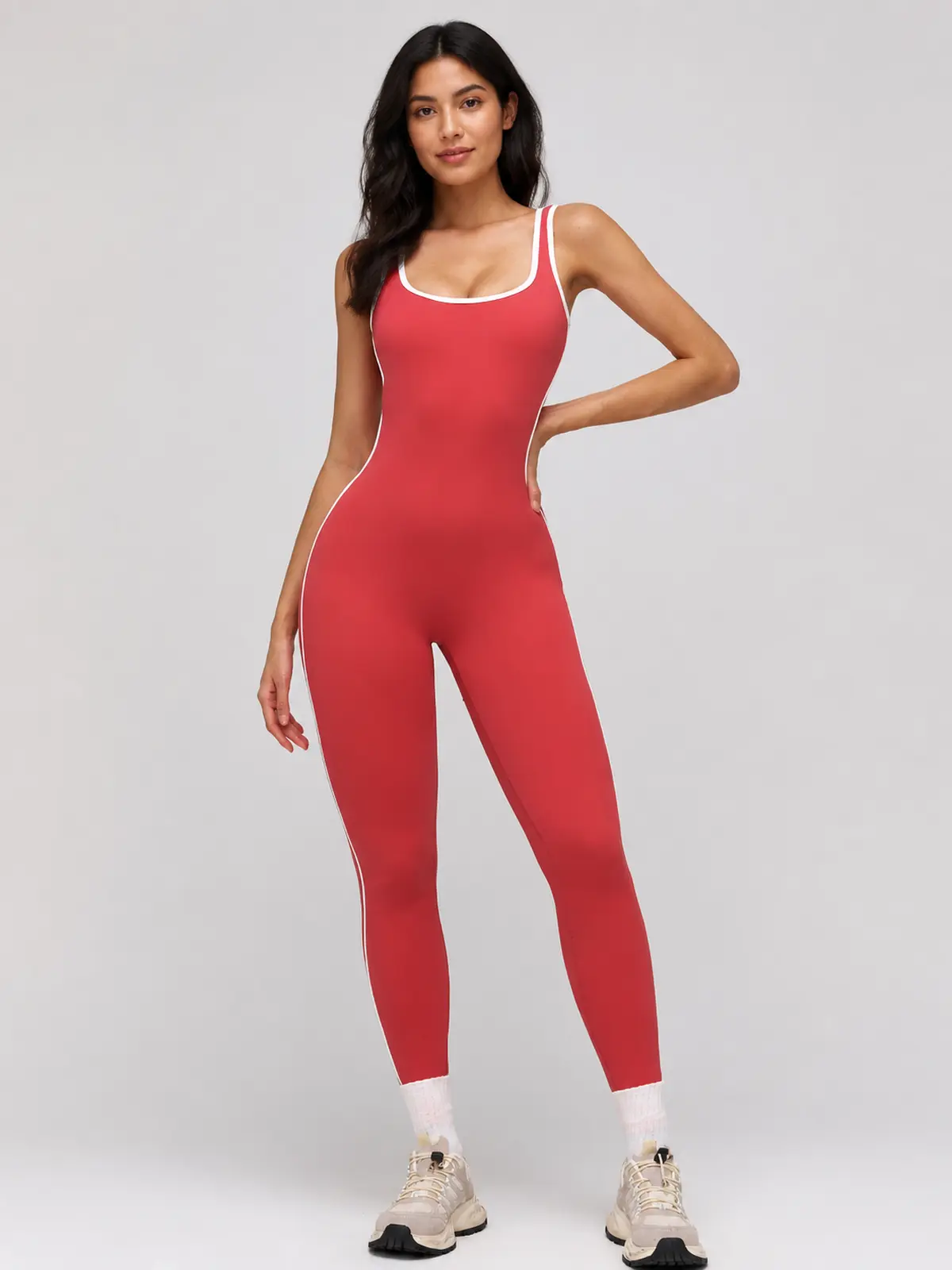 Piped Horizon Sleeveless Scoop-Neck Unitard — raspberry red — authoritative variation match