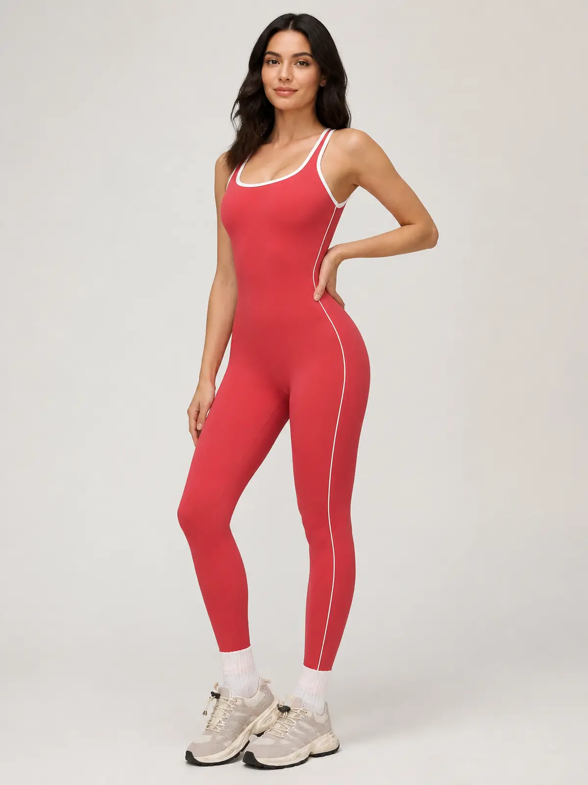 Piped Horizon Sleeveless Scoop-Neck Unitard — raspberry red — authoritative variation match