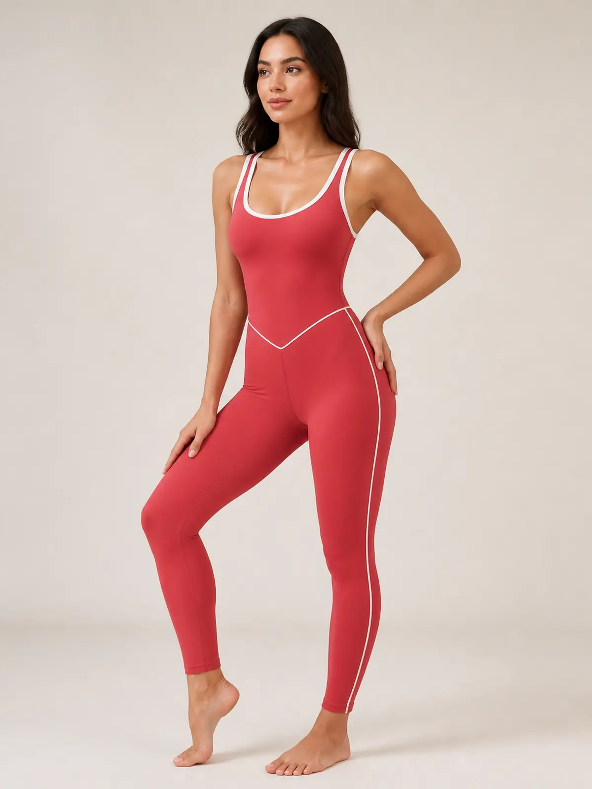 Piped Horizon Sleeveless Scoop-Neck Unitard — raspberry red — authoritative variation match