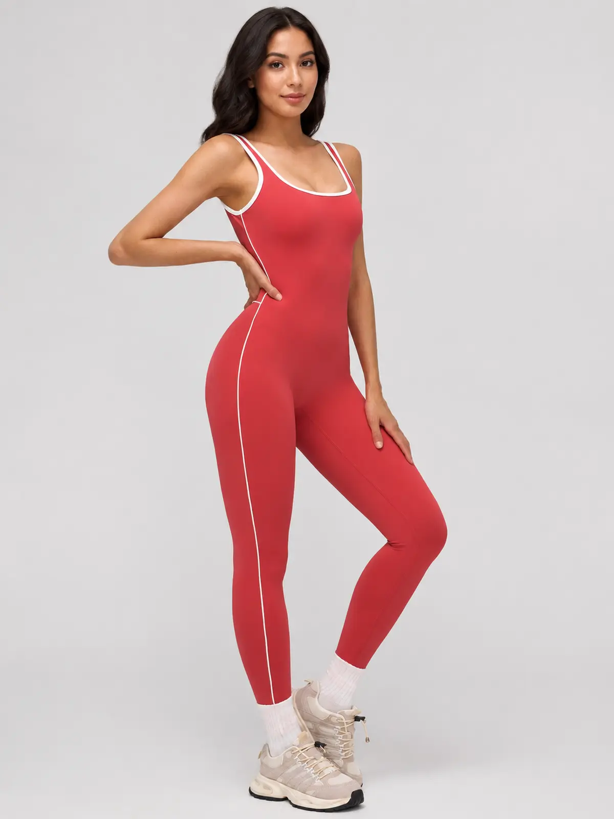 Piped Horizon Sleeveless Scoop-Neck Unitard — studio portrait