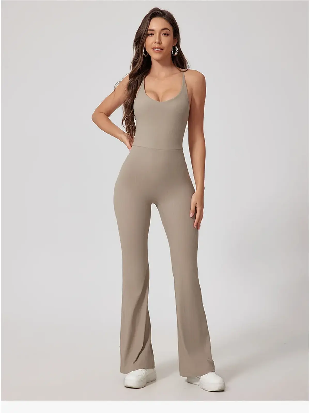 Prism Dusk Sleeveless Ribbed Flared-Leg Yoga Jumpsuit — beige — authoritative variation match