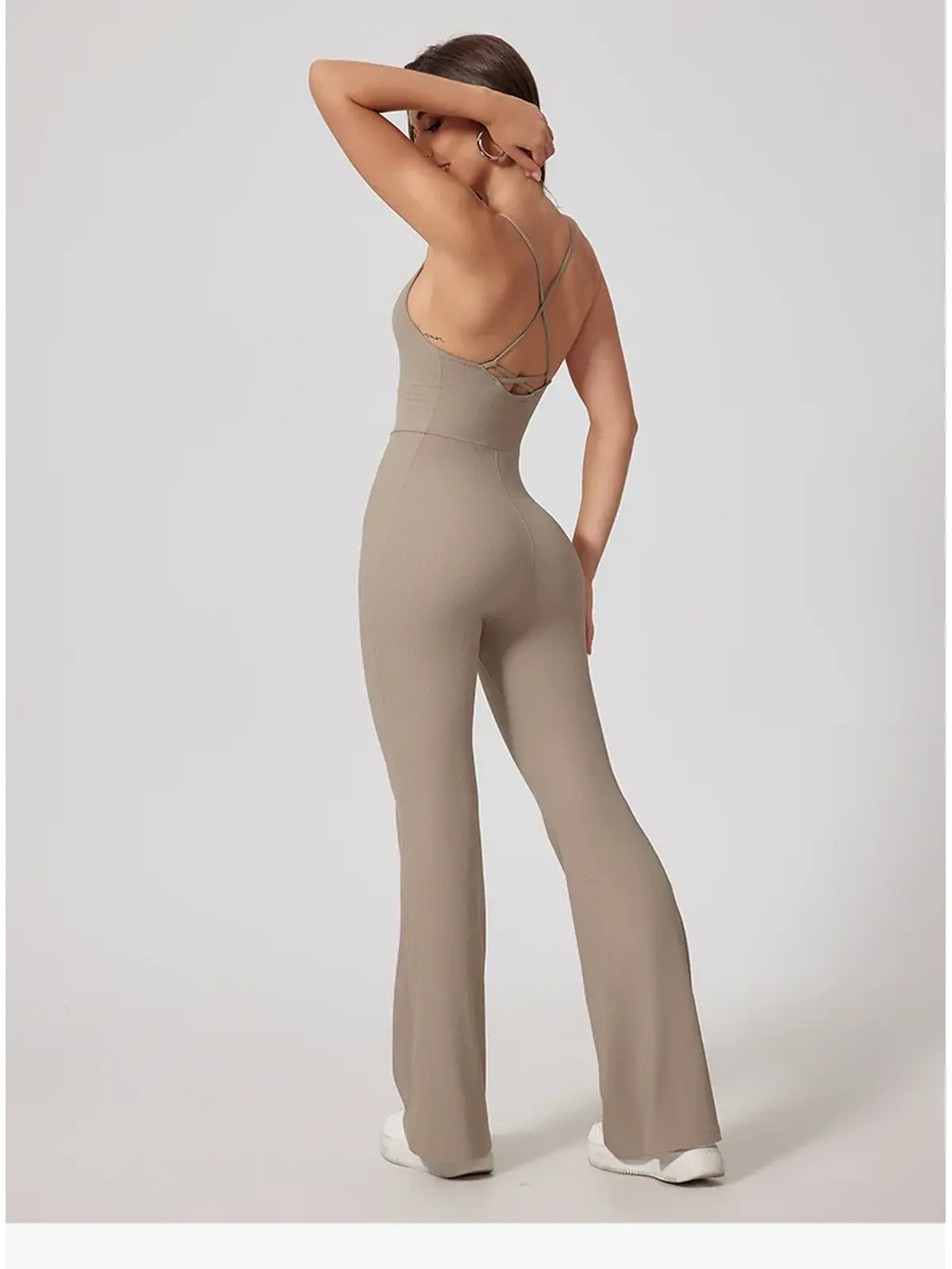 Prism Dusk Sleeveless Ribbed Flared-Leg Yoga Jumpsuit — beige — authoritative variation match