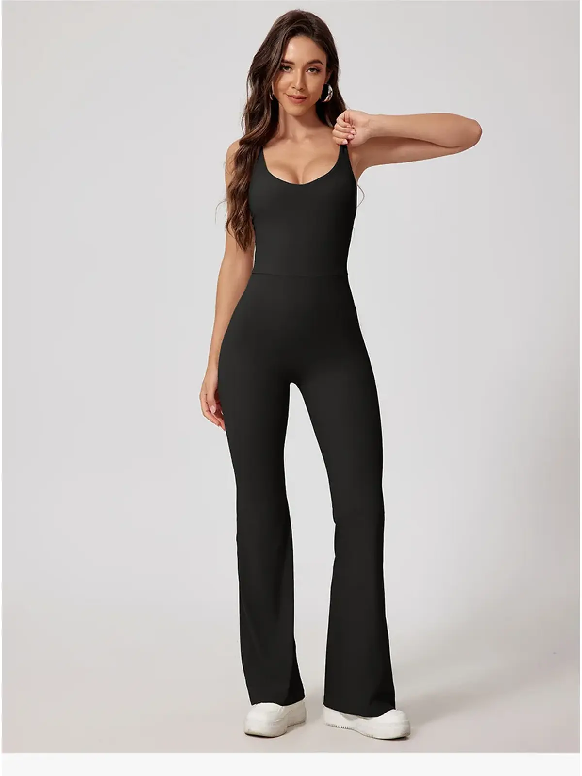 Prism Dusk Sleeveless Ribbed Flared-Leg Yoga Jumpsuit — black — authoritative variation match