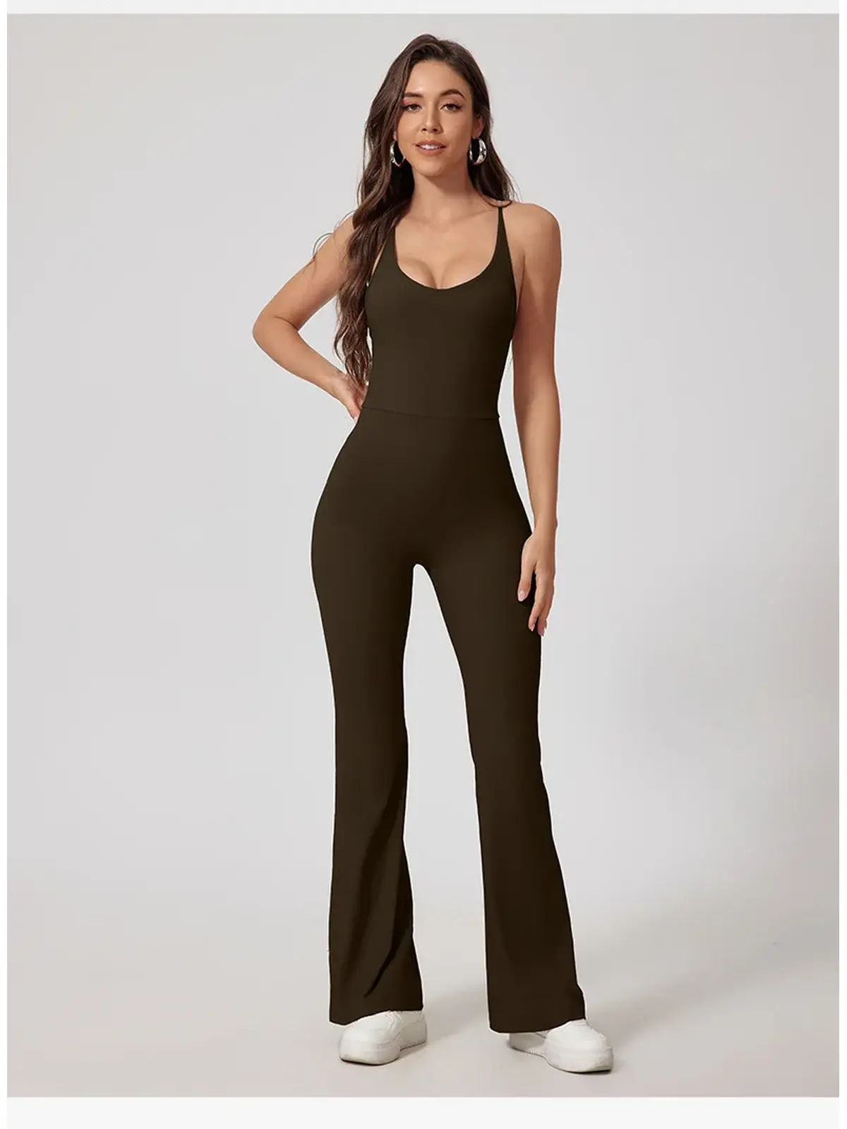 Prism Dusk Sleeveless Ribbed Flared-Leg Yoga Jumpsuit — dark olive brown — authoritative variation match