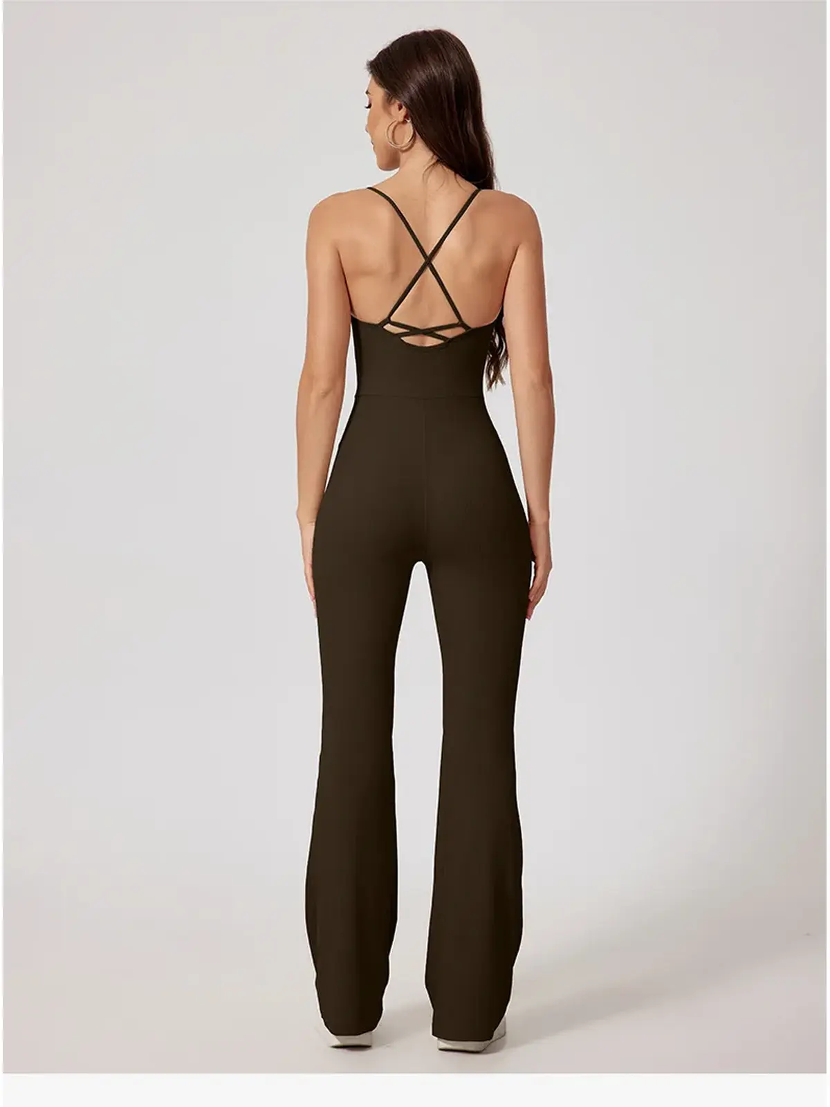 Prism Dusk Sleeveless Ribbed Flared-Leg Yoga Jumpsuit — dark olive brown — authoritative variation match
