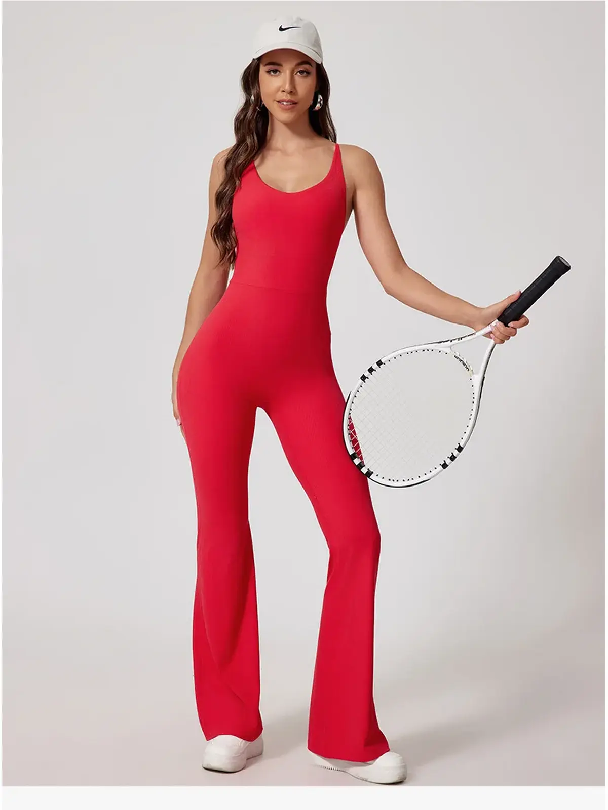 Prism Dusk Sleeveless Ribbed Flared-Leg Yoga Jumpsuit — red — authoritative variation match