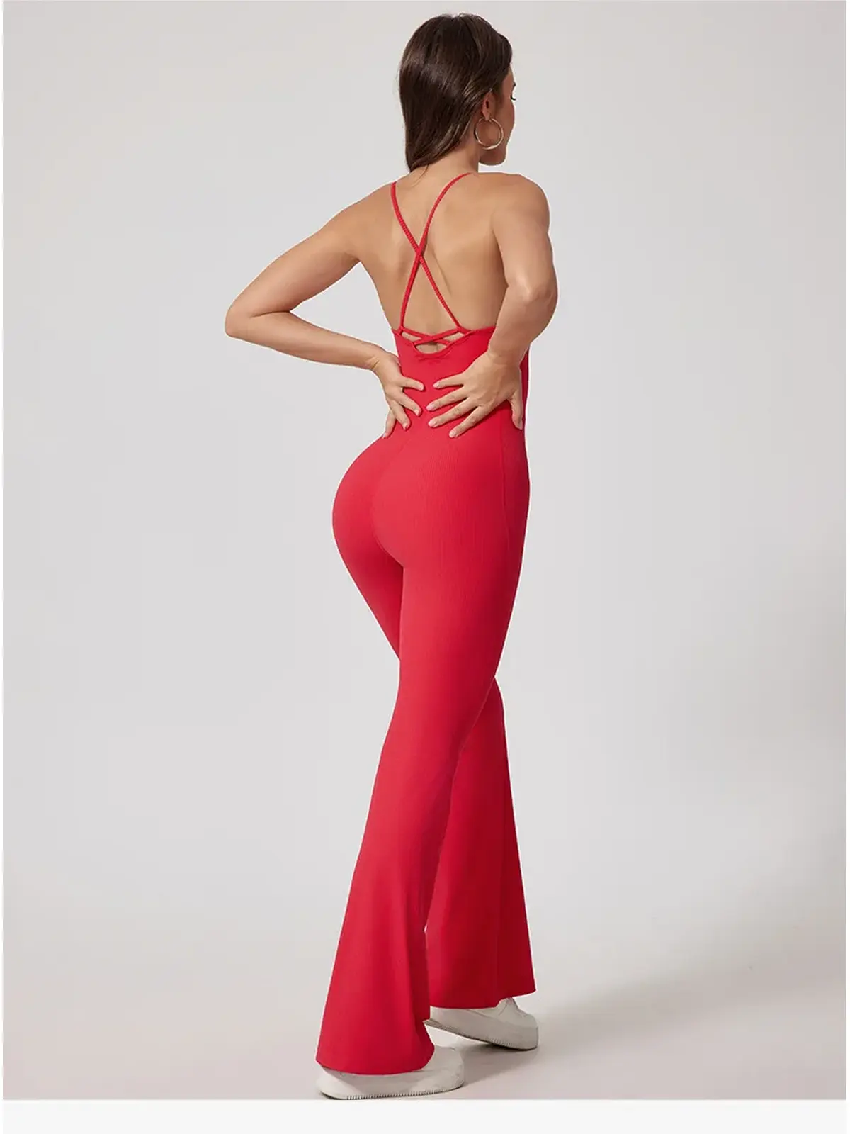 Prism Dusk Sleeveless Ribbed Flared-Leg Yoga Jumpsuit — red — authoritative variation match