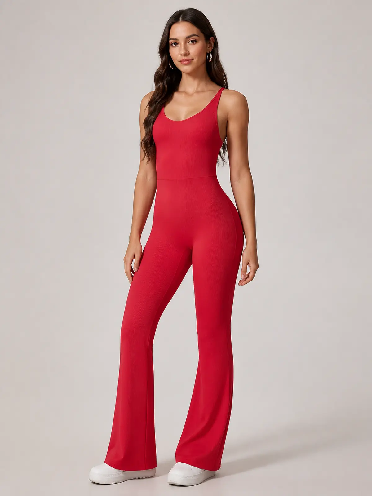 Prism Dusk Sleeveless Ribbed Flared-Leg Yoga Jumpsuit — red — authoritative variation match