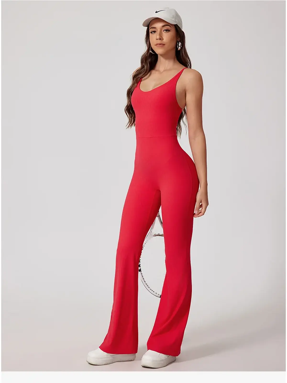 Prism Dusk Sleeveless Ribbed Flared-Leg Yoga Jumpsuit — red — authoritative variation match