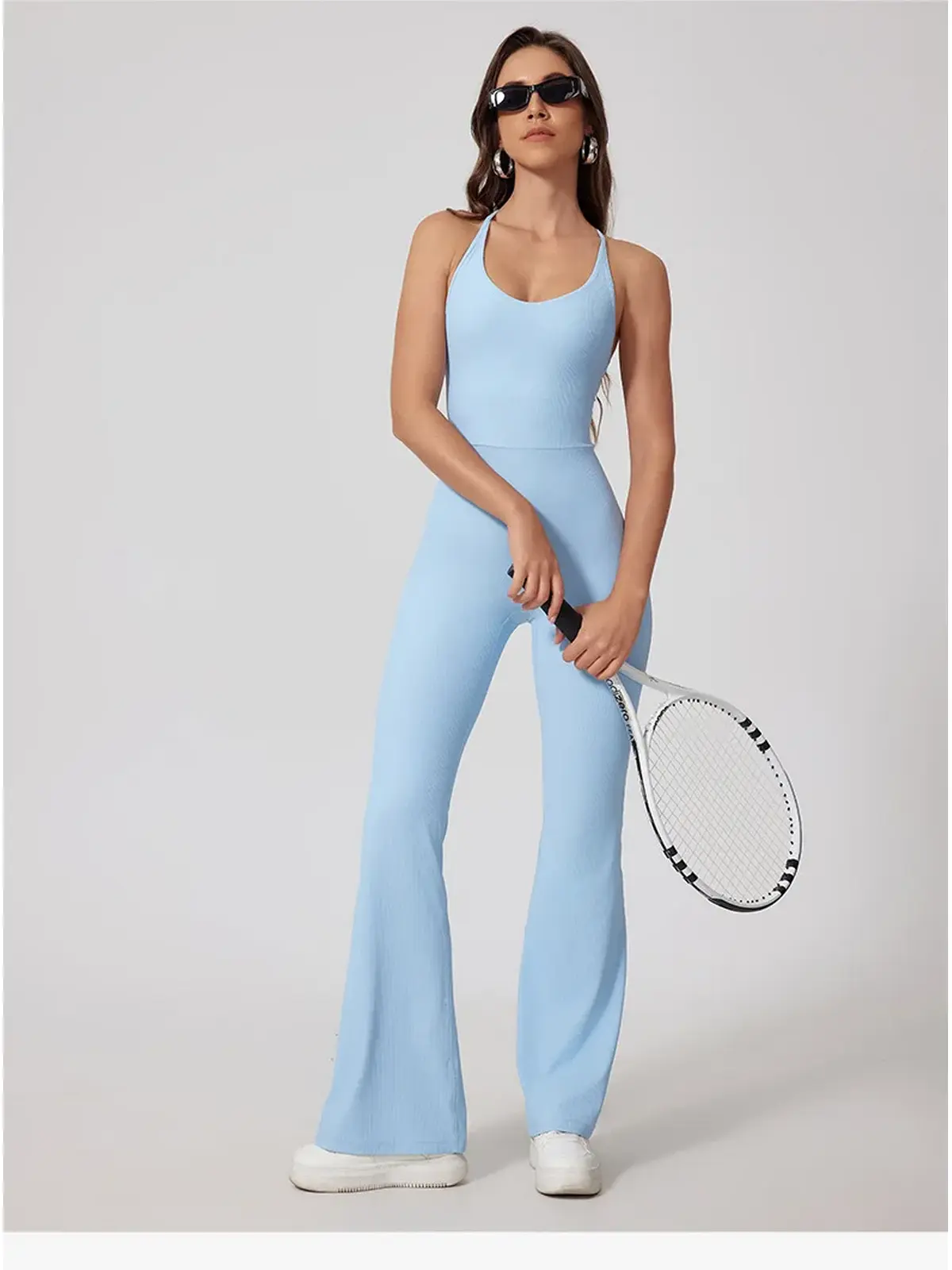 Prism Dusk Sleeveless Ribbed Flared-Leg Yoga Jumpsuit — sky blue — authoritative variation match