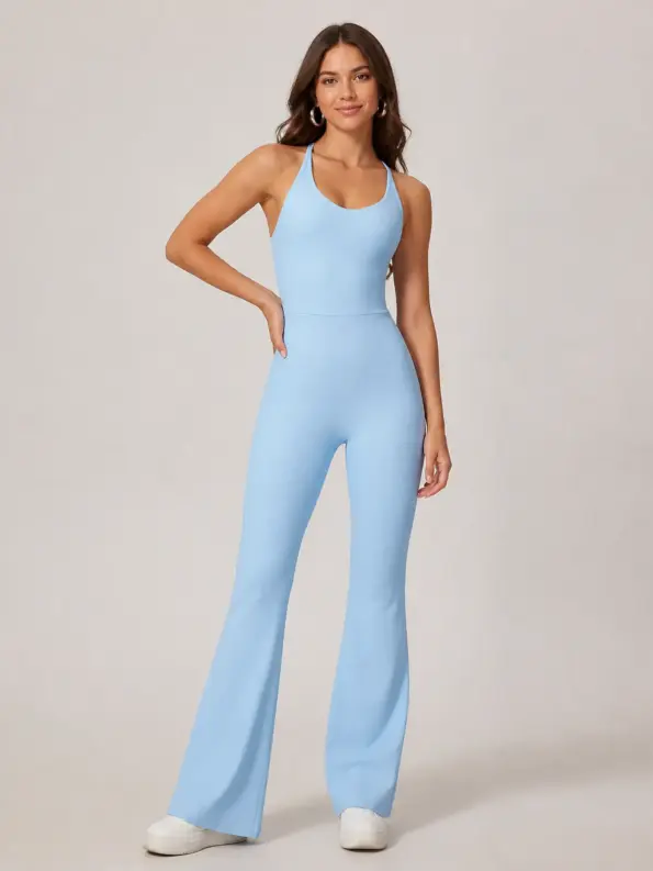 Prism Dusk Sleeveless Ribbed Flared-Leg Yoga Jumpsuit — sky blue — authoritative variation match