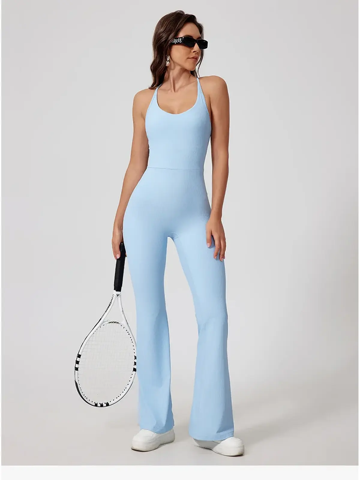 Prism Dusk Sleeveless Ribbed Flared-Leg Yoga Jumpsuit — sky blue — authoritative variation match
