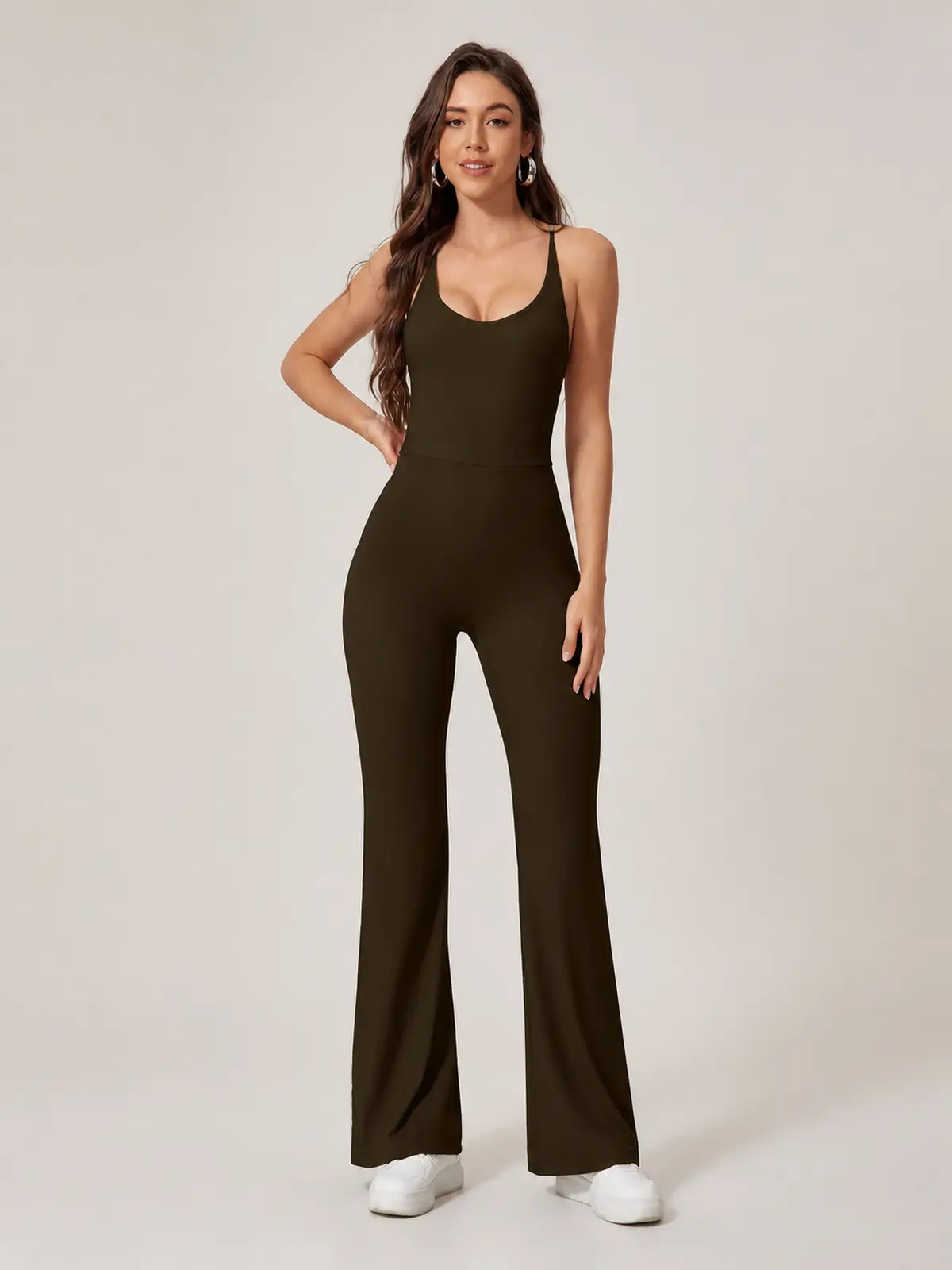 Prism Dusk Sleeveless Ribbed Flared-Leg Yoga Jumpsuit — studio portrait