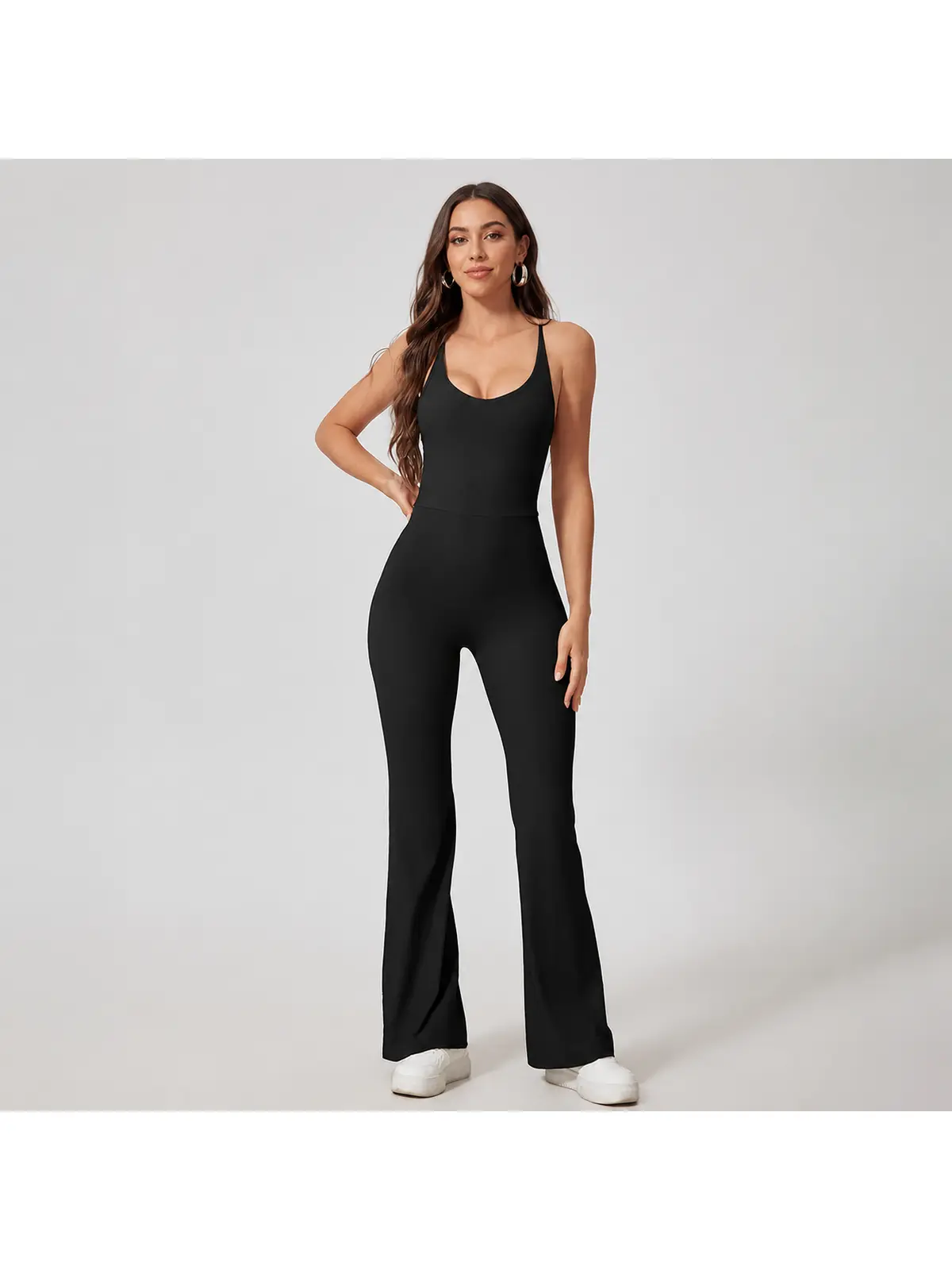 Prism Dusk Sleeveless Ribbed Flared-Leg Yoga Jumpsuit — studio portrait