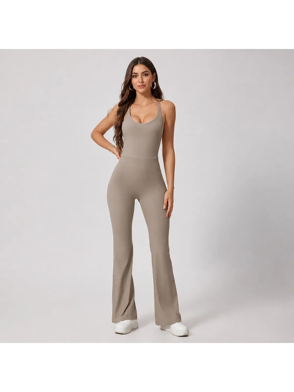 Prism Dusk Sleeveless Ribbed Flared-Leg Yoga Jumpsuit — studio portrait