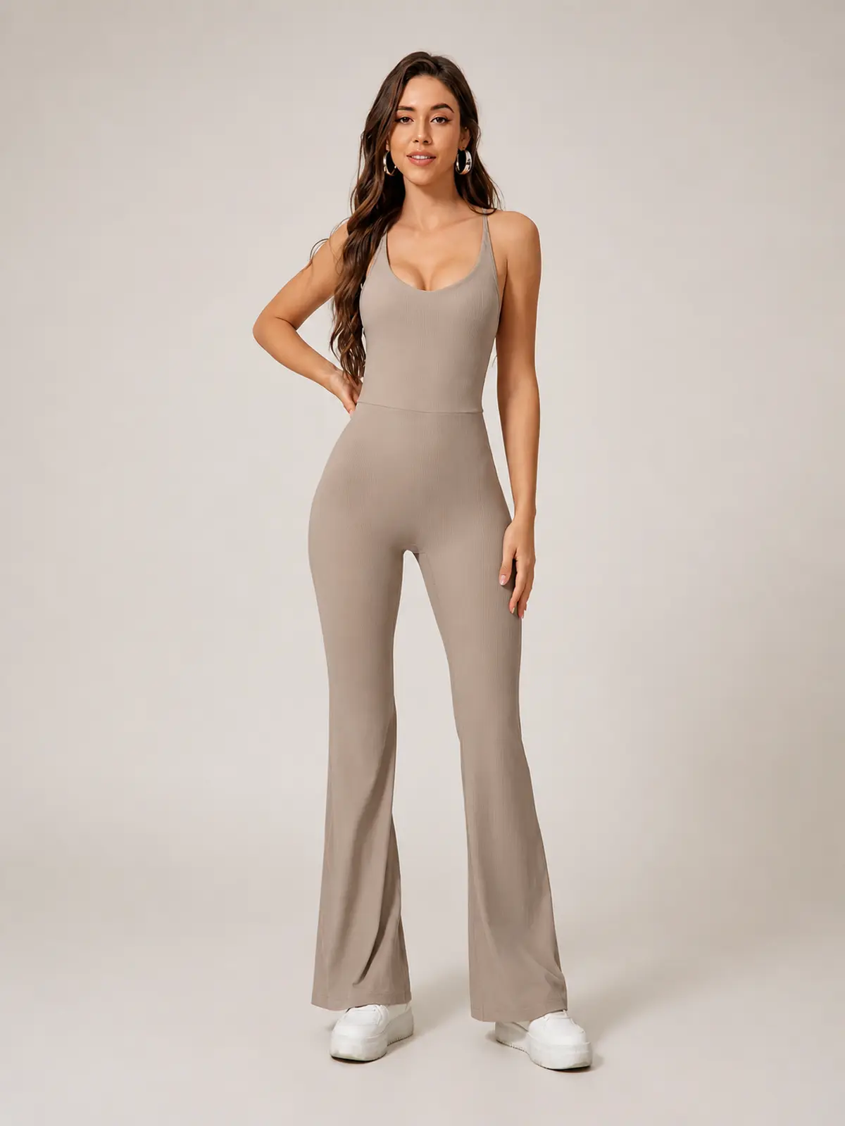 Prism Dusk Sleeveless Ribbed Flared-Leg Yoga Jumpsuit — studio portrait