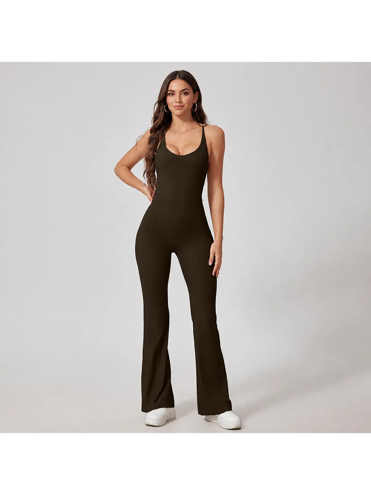 Prism Dusk Sleeveless Ribbed Flared-Leg Yoga Jumpsuit — studio portrait