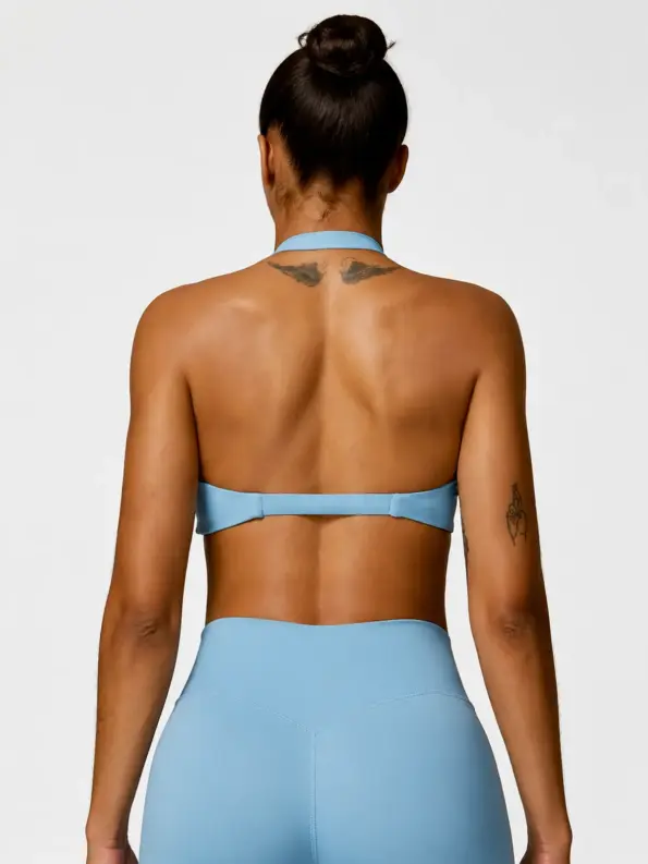Quarry Bloom Twist-Front Halter Sports Bra — haze blue — sports-bra — authoritative variation match