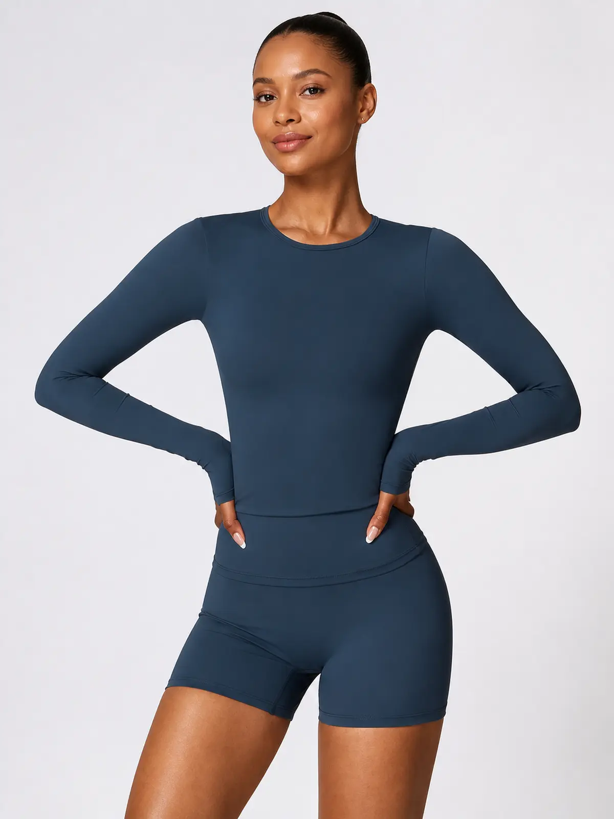 Radian Muse Long-Sleeve Yoga Crop Top — navy blue — general — assigned human anchor cluster