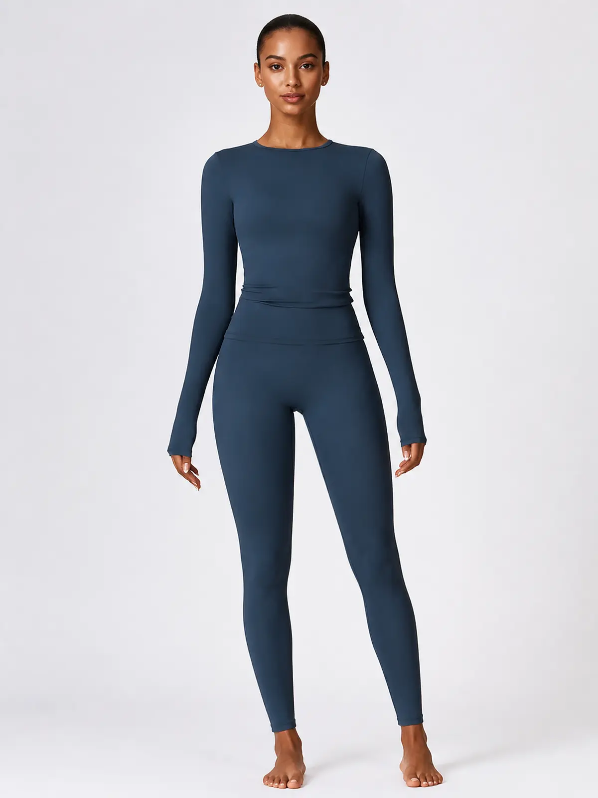 Radian Muse Long-Sleeve Yoga Crop Top — navy blue — unitard — assigned human anchor cluster
