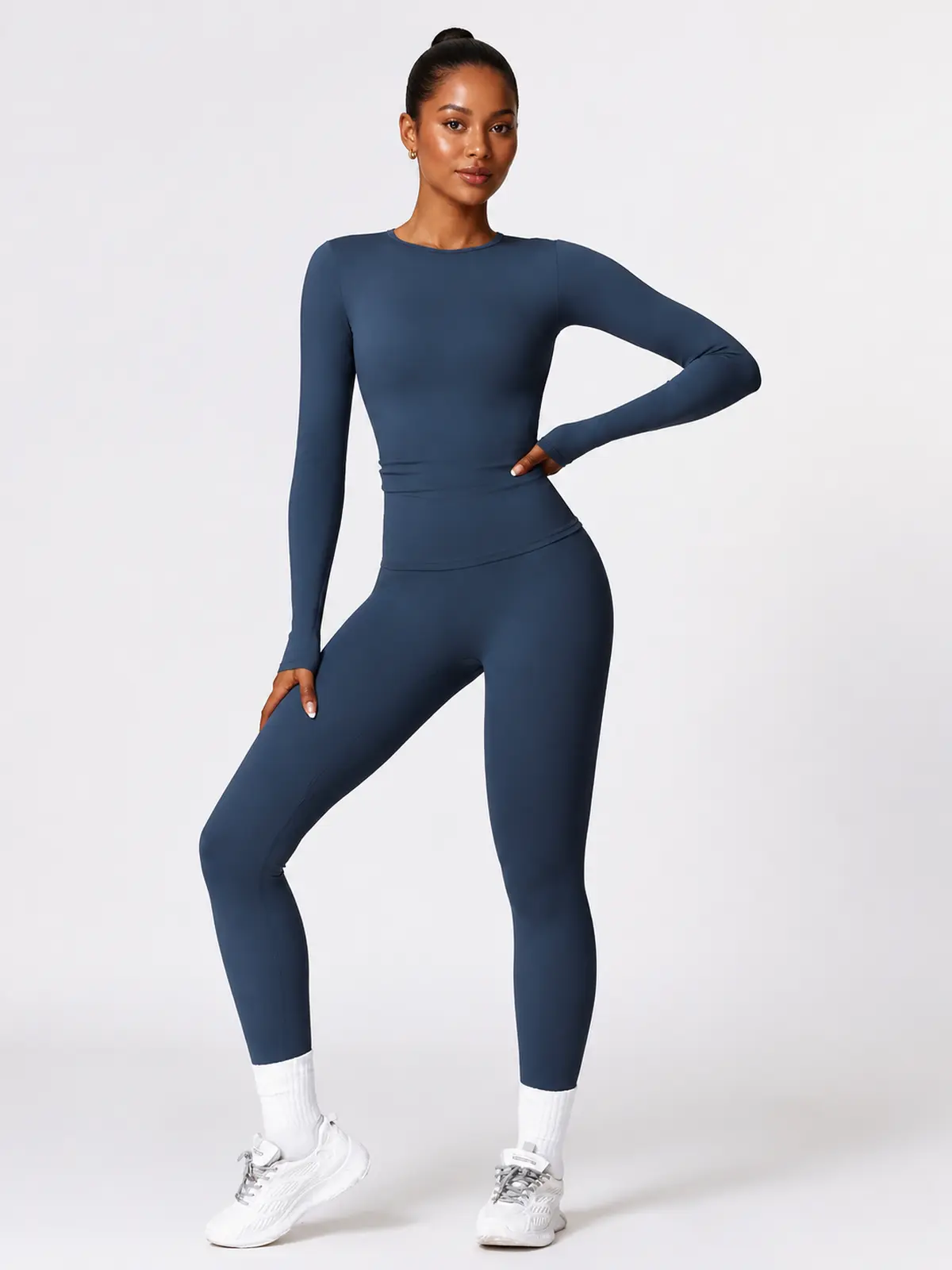Radian Muse Long-Sleeve Yoga Crop Top — navy blue — unitard — assigned human anchor cluster