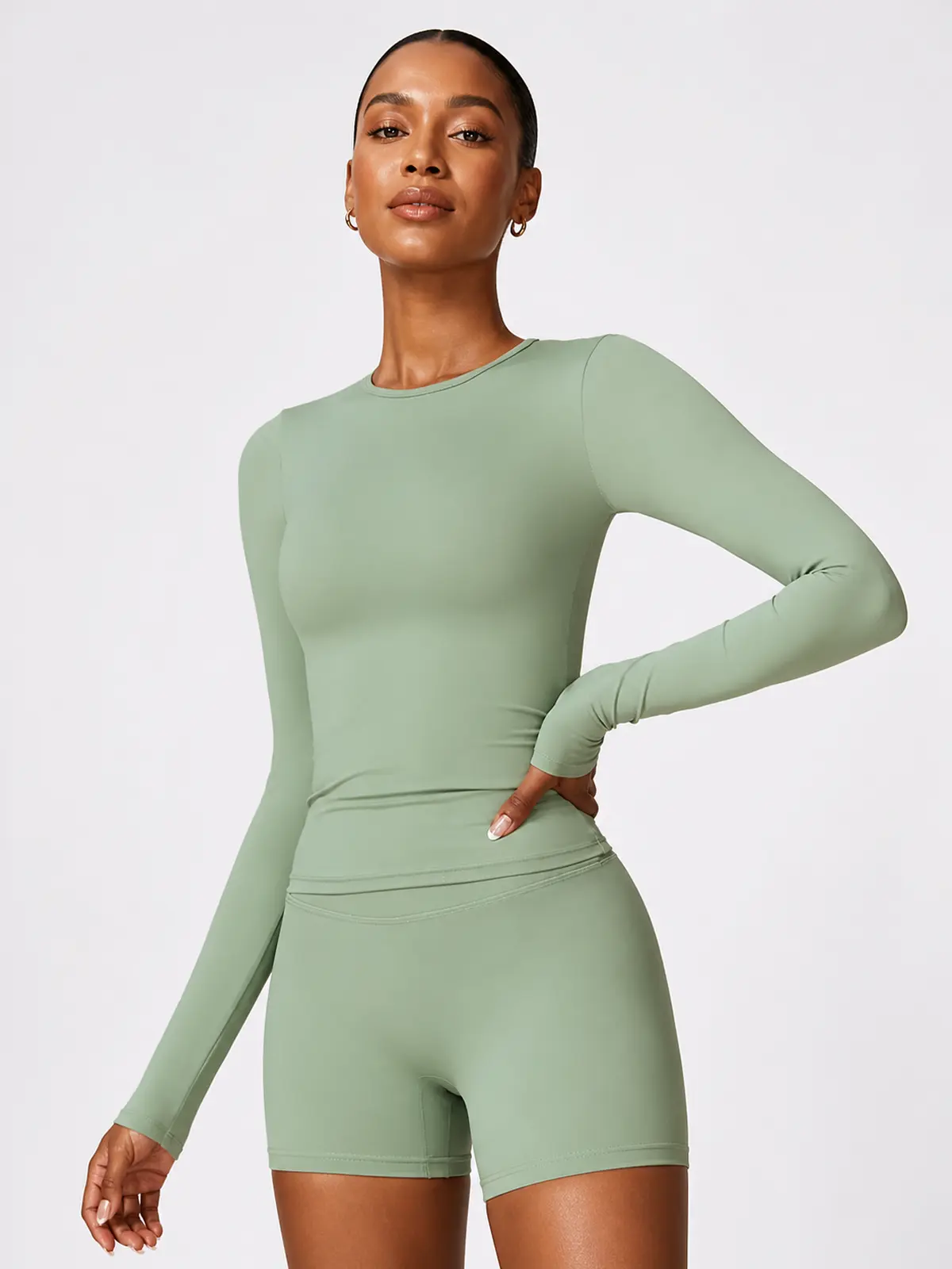 Radian Muse Long-Sleeve Yoga Crop Top — sage green — general — authoritative variation match